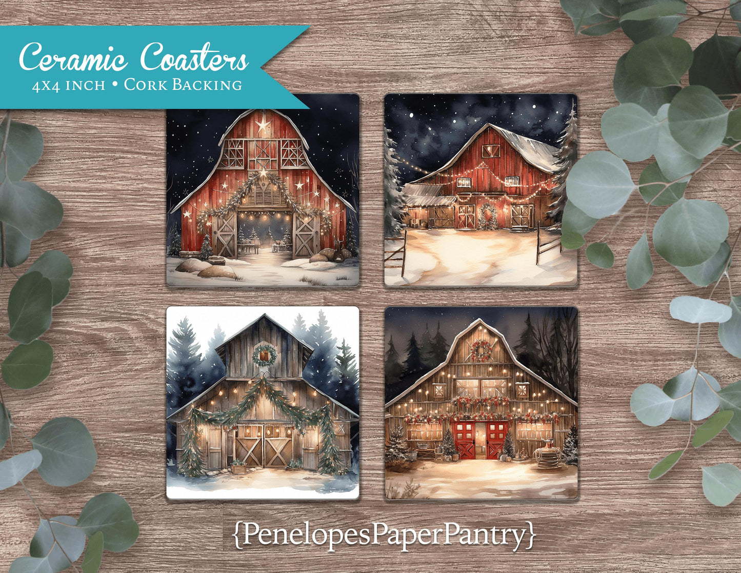Rustic Christmas Barn Set of 4 Ceramic Coasters with Cork Back