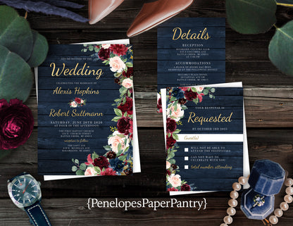 Rustic Navy Floral Fall Wedding Invitation – Barn Wood, Burgundy & Blush Roses, Gold Print – Personalized Shimmery Printed Invitations with Envelopes