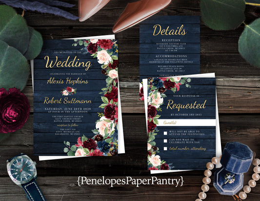 Rustic Navy Floral Fall Wedding Invitation – Barn Wood, Burgundy & Blush Roses, Gold Print – Personalized Shimmery Printed Invitations with Envelopes