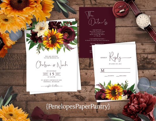 Romantic Fall Wedding Invitation – Sunflowers & Burgundy Roses, Elegant Calligraphy – Personalized Printed Invitations with Envelopes Included