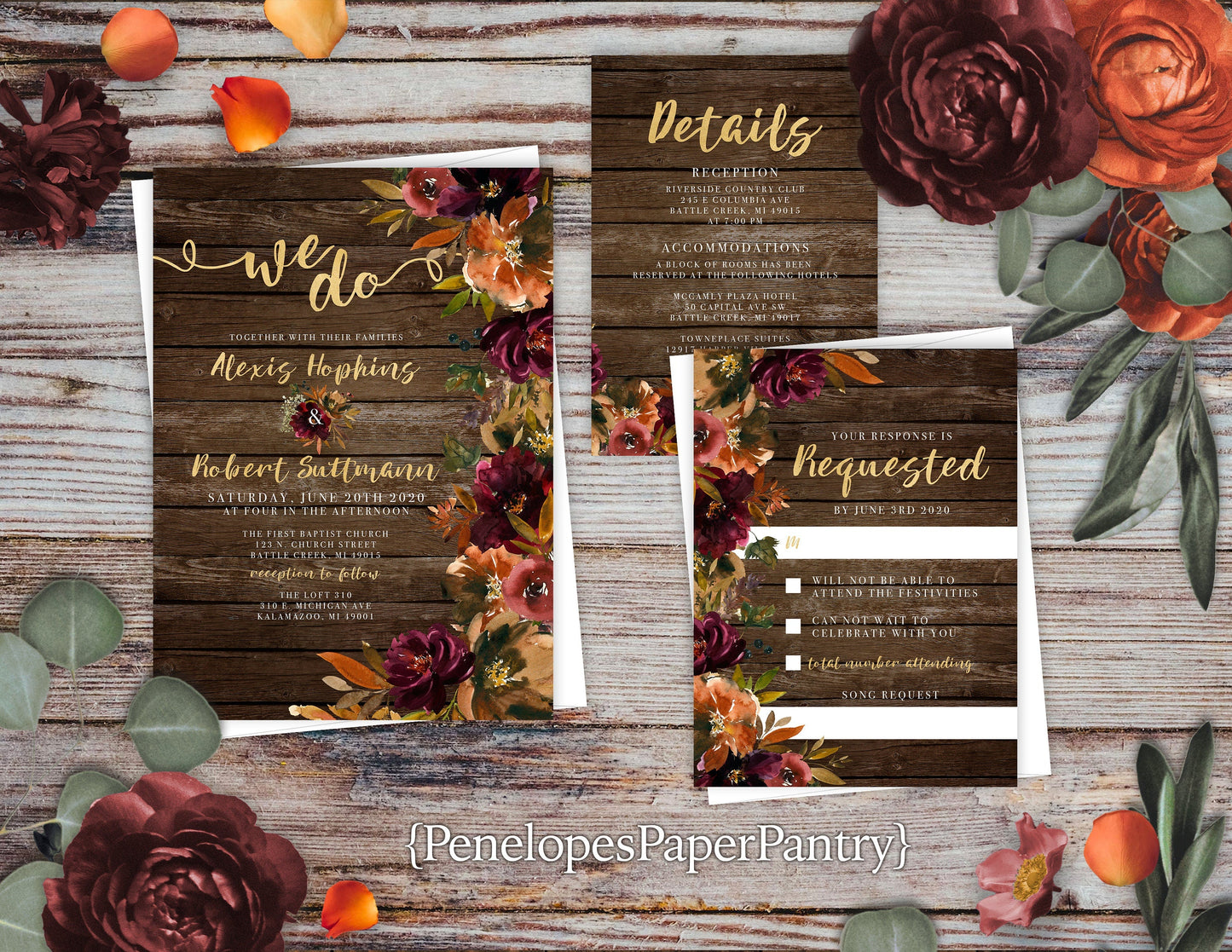 Rustic Fall Wedding Invitation – Burgundy & Burnt Orange Florals, Barn Wood & Gold Calligraphy – Personalized Shimmery Invitation with Envelope
