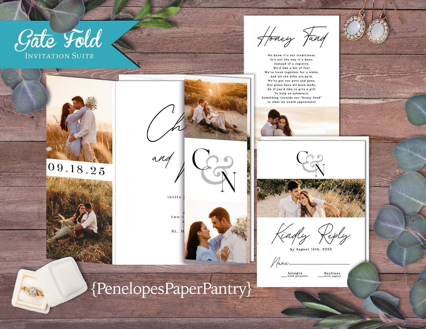 Gatefold Engagement Photo Simple Folded Wedding Invitation, Set, or Suite