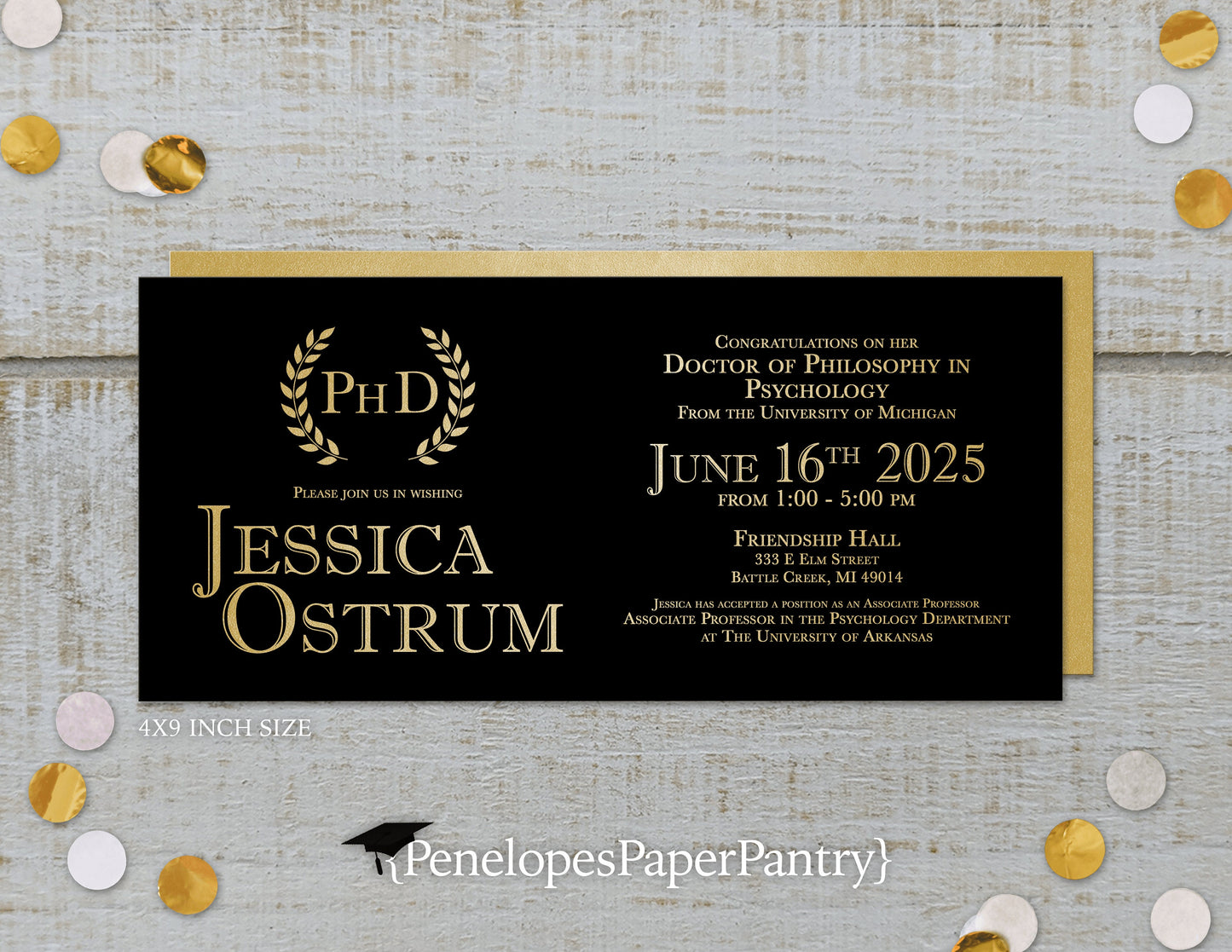 Degree with Laurels on Metallic Gold Paper Graduation Open House or Ceremony Invitation