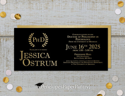 Degree with Laurels on Metallic Gold Paper Graduation Open House or Ceremony Invitation