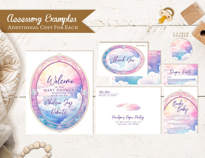 Heaven Sent Gender Neutral Baby Shower Invitation Personalized Gold Foil Clouds Shimmery Custom Text Printed Invitations Envelopes Included