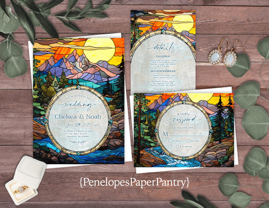 Unique Mountain Sunset Stained Glass Wedding Invitation Personalized Bright Colors Calligraphy Shimmery Printed Invitations With Envelopes