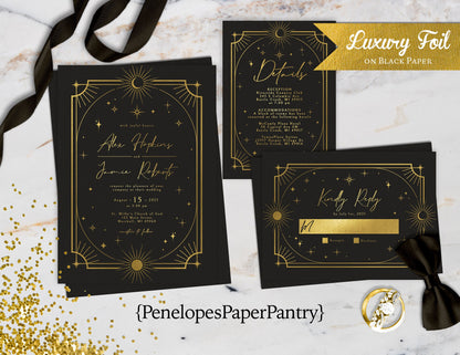 Luxury Gold Foil Ethereal Theme on Black Paper Traditional Wedding Invitation, Sets, or Suite