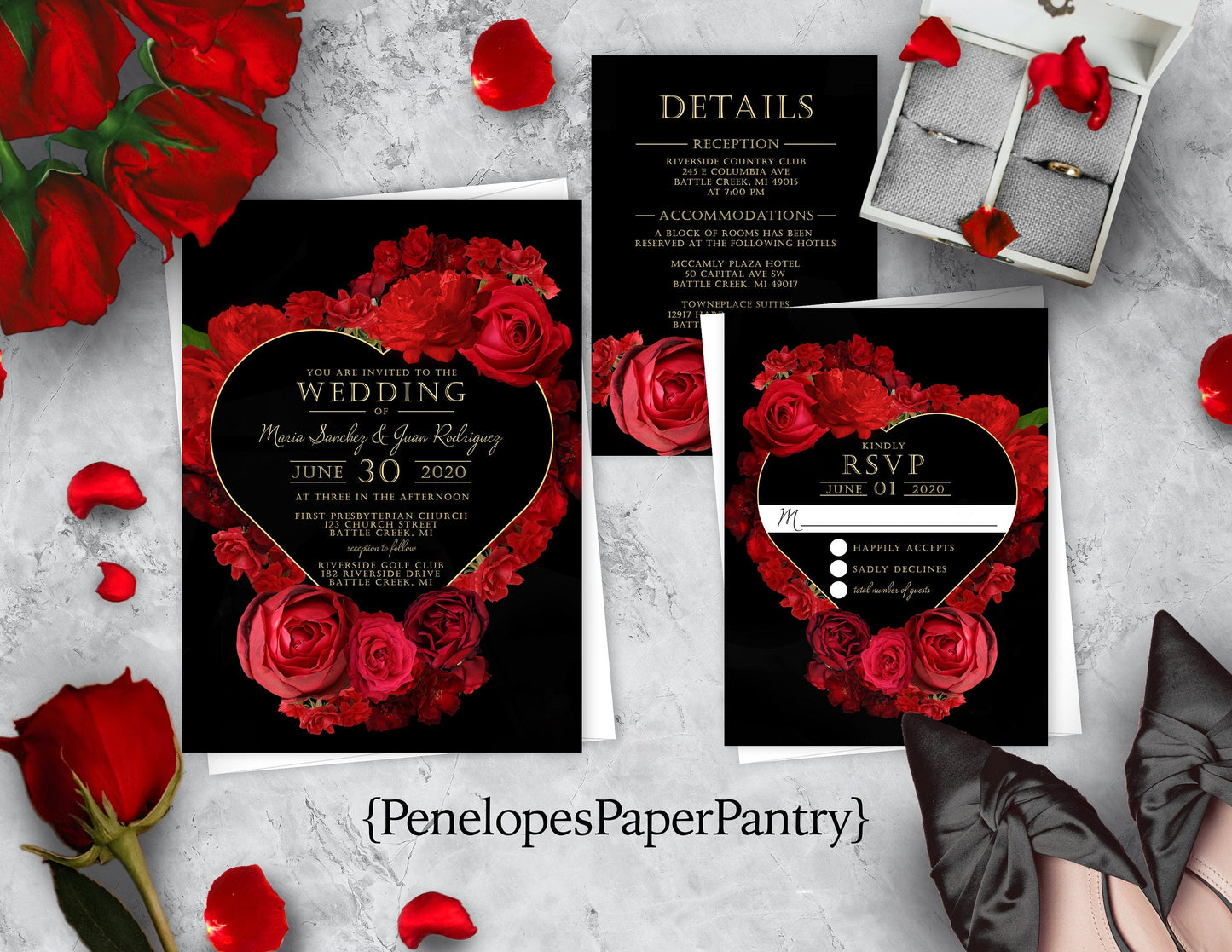 Red Floral Heart Wreath with Black Background Rose Wedding Invitation, Set, or Suite