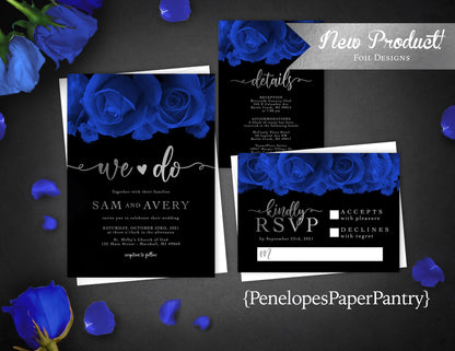 Royal Blue Florals with Silver Foil on Black Background Rose Wedding Invitation, Set, or Suite