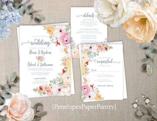 Cornflower, Pink and Ivory Florals on White Background Summer Wedding Invitation, Set, or Suite