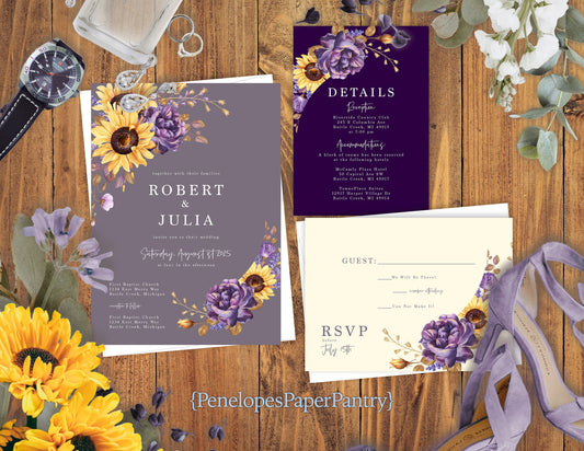 Sunflower & Purple Floral Wedding Invitation – Dusty Purple & Ivory Design – Personalized Printed Invitation, Set or Suite with Envelopes Included