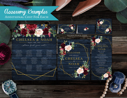 Navy, Burgundy, and Blush Florals with Geometric Frame on Blue Wood Background Fall Wedding Invitation, Set, or Suite