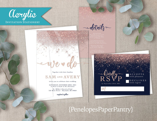 Acrylic Pink Faux Glitter with Navy Background Wedding Invitation, Set, or Suite