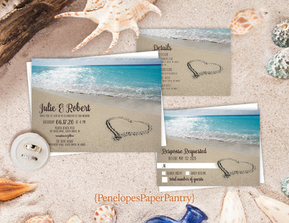 Romantic Beach Wedding Invitation Personalized Heart in the Sand Ocean Sunshine Destination Hawaii Printed Invitations Envelopes Included