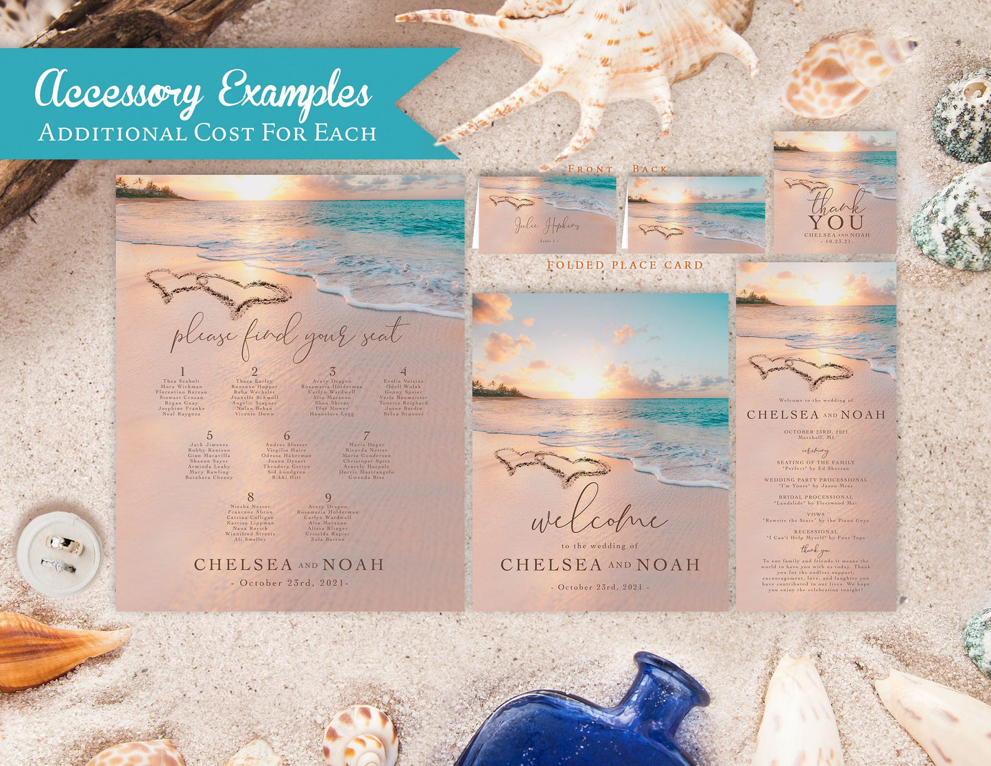 Hearts in the Sand Beach Scene Wedding Invitation, Set, or Suite