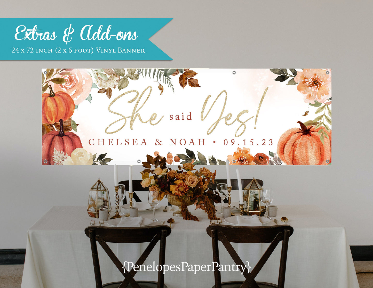 Pumpkin and Neutral Florals Engagement Vinyl Banner with Grommets