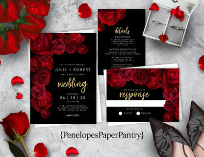 Red Florals with Black Background Rose Wedding Invitation, Set, or Suite