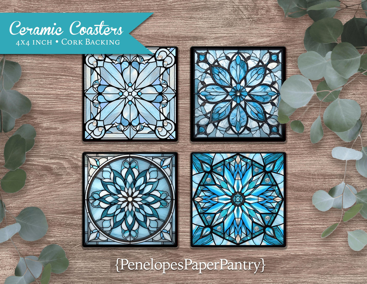 Elegant Snowflake Ceramic Beverage Coasters Set Of Four Faux Stained Glass Christmas Decor Gift For Her Unique Gift Stocking Stuffer