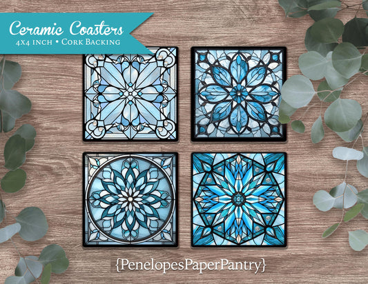 Elegant Snowflake Ceramic Beverage Coasters Set Of Four Faux Stained Glass Christmas Decor Gift For Her Unique Gift Stocking Stuffer