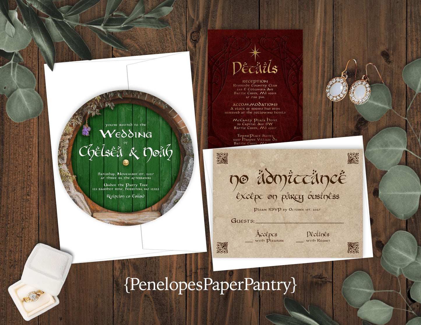 Hobbit Wedding Invitation – Shire-Inspired Round Door Design – Personalized Fantasy Printed Invite with Envelopes Included