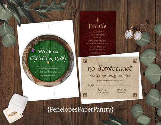 Hobbit Wedding Invitation – Shire-Inspired Round Door Design – Personalized Fantasy Printed Invite with Envelopes Included