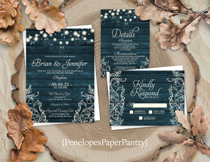 Ivory Mason Jar String Lights on Dark Teal Wood with Lace Fall Wedding Invitation, Set, or Suite