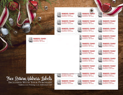 Funny Elf Christmas Photo Card – Personalized Family Hockey Theme with Ice Skates, Puck, Net & Custom Text – Double-Sided Printed with Envelopes