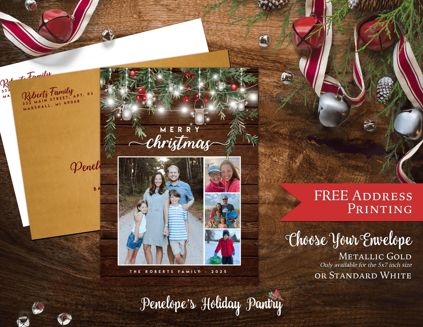 Elegant Rustic Double-Sided Personalized Christmas Cards | Free Custom Envelope & Address Printing