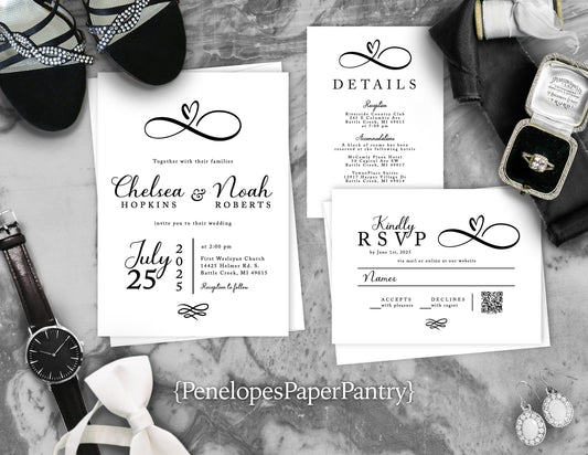 Black and White Infinity Heart Eternal Love on White Paper Traditional Wedding Invitation, Sets, or Suite