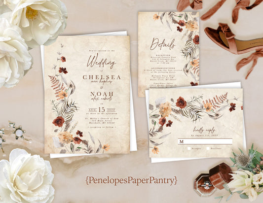 Terracotta and Burnt Orange Wildflowers on Faux Parchment Background Fall Wedding Invitation, Set, or Suite