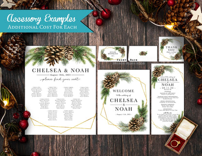 Pinecone and Branches with Gold Geometric Frame Winter Wedding Invitation, Set, or Suite