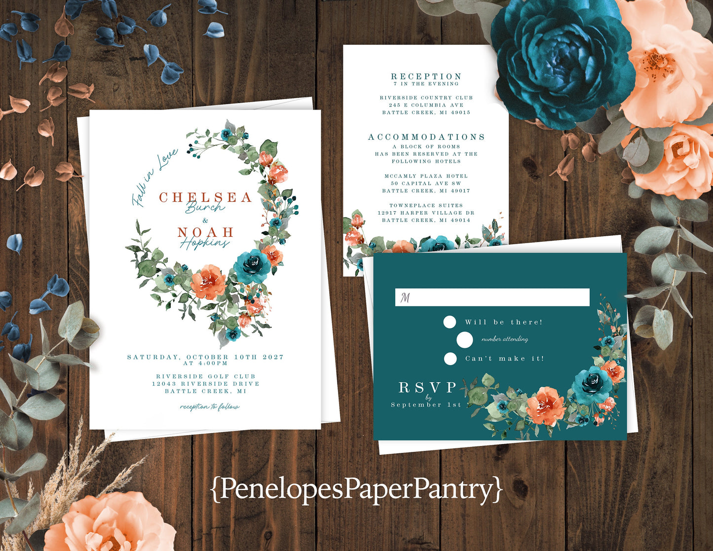 Teal and Orange Florals on White Background Fall Wedding Invitation, Set, or Suite