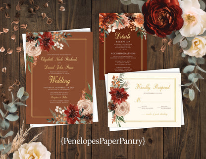 Terracotta and Burnt Orange Florals on Rusty and Ivory Hues Fall Wedding Invitation, Set, or Suite