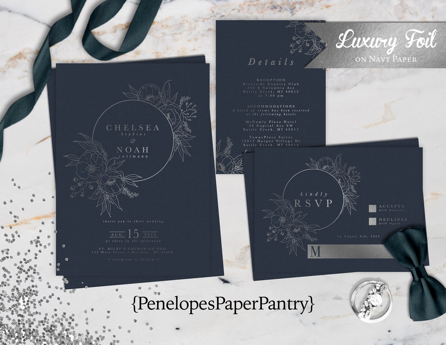 Luxury Silver Foil Floral Wreath on Navy Blue Paper Traditional Wedding Invitation, Sets, or Suite