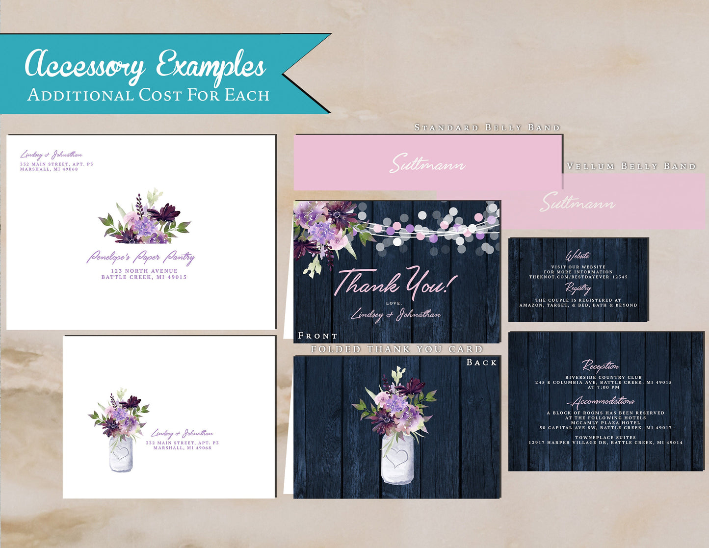 Rustic Navy Floral Summer Wedding Invitation Personalized Mason Jar Lavender Lilacs Fairy Lights Navy Barn Wood Printed Invitation Envelopes