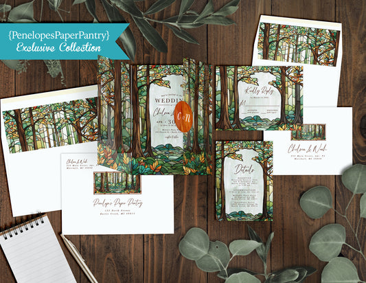 Rustic Fall Wedding Invitation Bundle Personalized Stained Glass Vellum Envelopment Enclosure Sticker Envelope Liners Address Printing Value