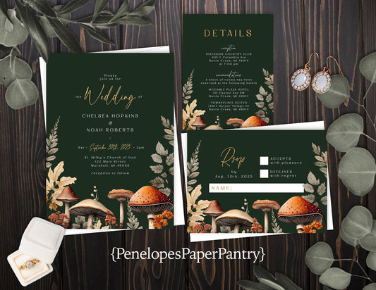 Mushroom Cottage Core Florals on Deep Green Background Fall Wedding Invitation, Set, or Suite