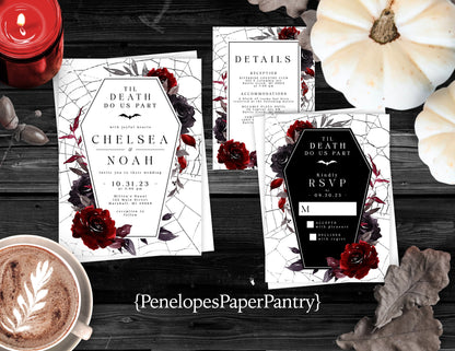 Elegant Gothic Halloween Wedding Invitation – Casket, Spider Webs & Blood Red Roses – Personalized Printed Invite with Envelope