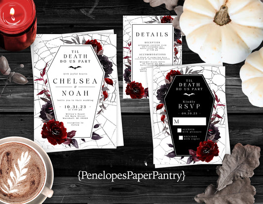 Elegant Gothic Halloween Wedding Invitation – Casket, Spider Webs & Blood Red Roses – Personalized Printed Invite with Envelope
