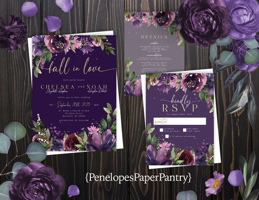 Elegant Purple Floral Fall Wedding Invitation – Dusty Plum & Gold – Personalized Shimmery Printed Invite with Envelopes