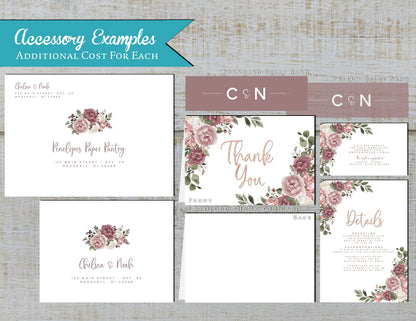 Elegant Mauve Floral Summer Wedding Invitation Personalized Dusty Rose Blush Roses Calligraphy Shimmery Printed Invitation Envelope Included