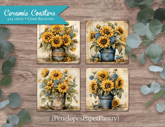 Rustic Sunflower Bouquet Ceramic Coaster Set Of Four Fall Home Decor Gift For Her Gift For Mom Bridal Shower Wedding Gift Unique 4 Inch Tile