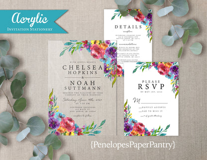 Acrylic Bright Summer Florals Wedding Invitation, Set, or Suite