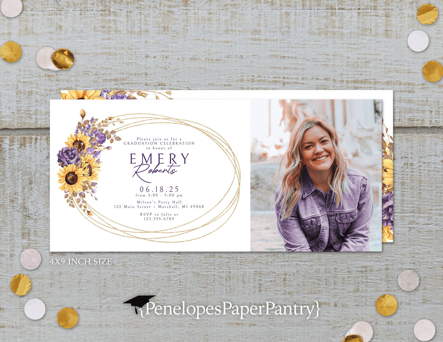 Sunflower and Purple Oval Frame Photo Graduation Open House or Ceremony Invitation