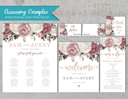 Whimsical Mauve Floral Summer Wedding Invitation,Set,Suite,Dusty Rose,Roses,Rose Gold,Shimmery,Personalize,Printed Invitation,Envelope