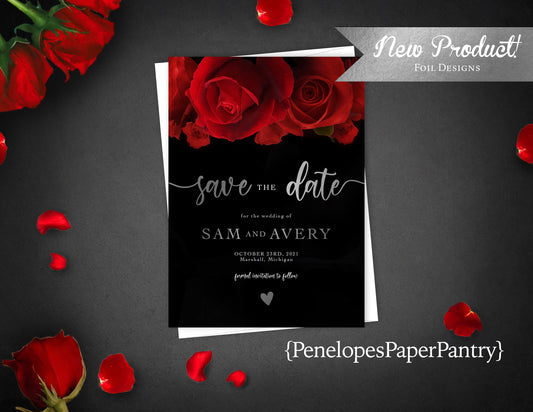 Red Rose Florals with Silver Foil on Black Background Save the Date