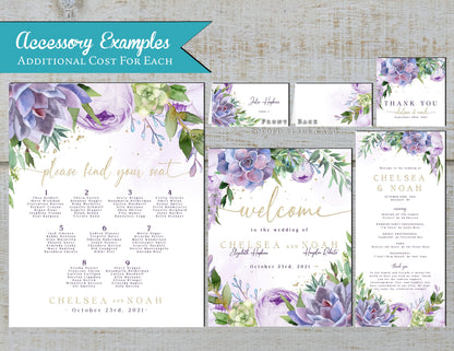 Elegant Purple Floral Summer Wedding Invitation Personalized Wedding Invite Lavender Roses Succulents Printed Invitations Envelopes Included