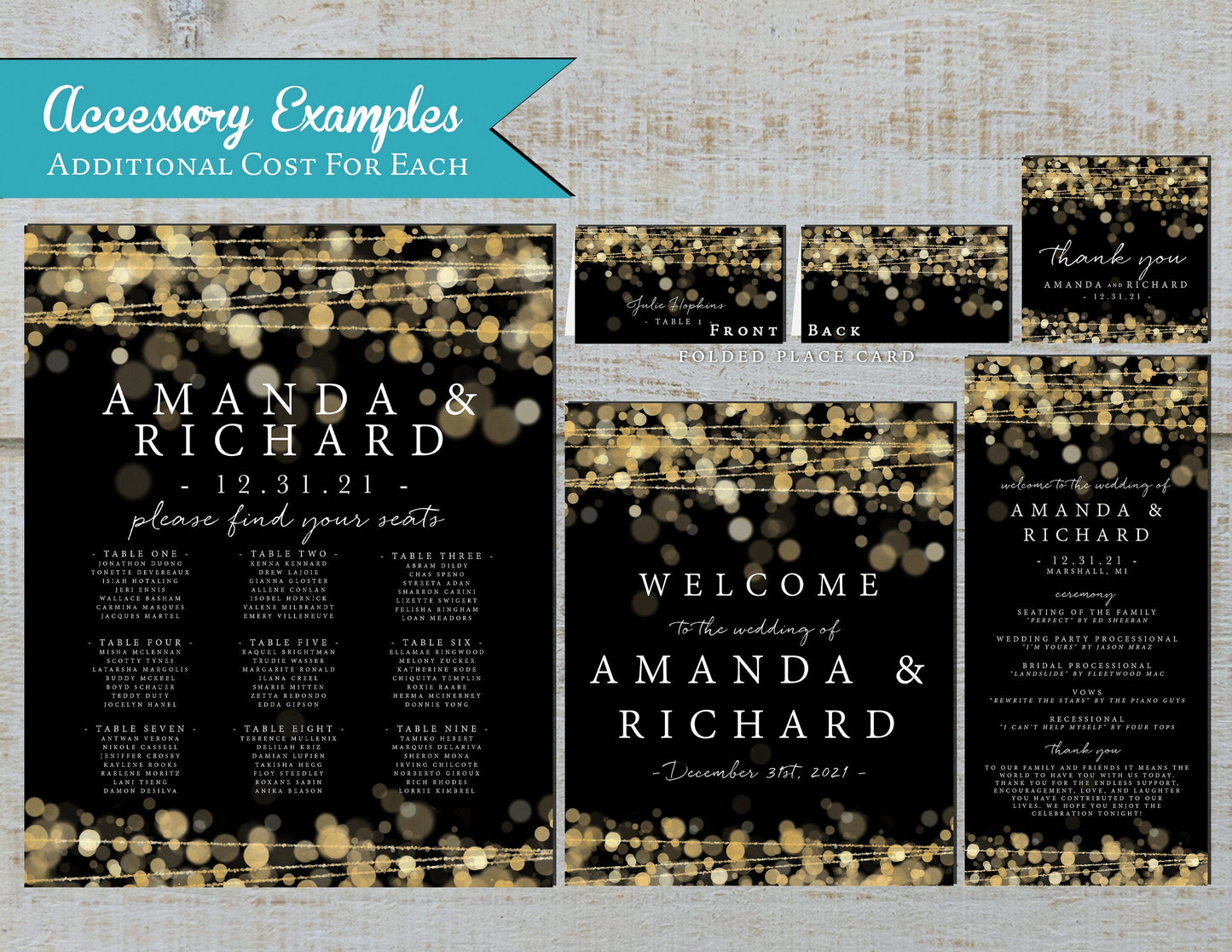 Gold Bokeh String Lights with Black Background Traditional Wedding Invitation, Sets, or Suite