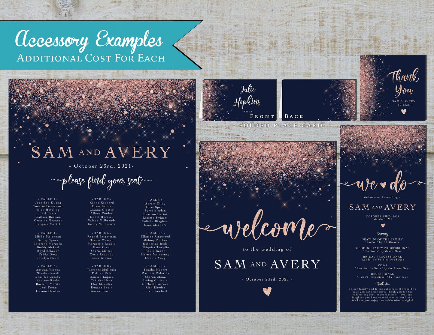 Rose Gold Faux Glitter with Navy Blue Background Invitation Traditional Wedding Invitation, Sets, or Suite