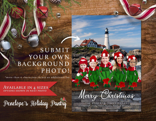 Elf on The Shelf Inspired Upload Your Background Character Holiday Greeting Cards